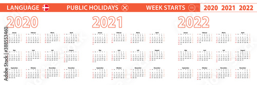 2020, 2021, 2022 year vector calendar in Danish language, week starts on Sunday.