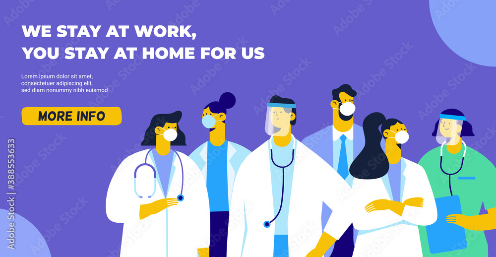 Banner with medical team in white face masks. COVID-19. Stay at home. Flat design characters. Banner with medical team in white face masks. COVID-19. Stay at home. Flat design characters.
