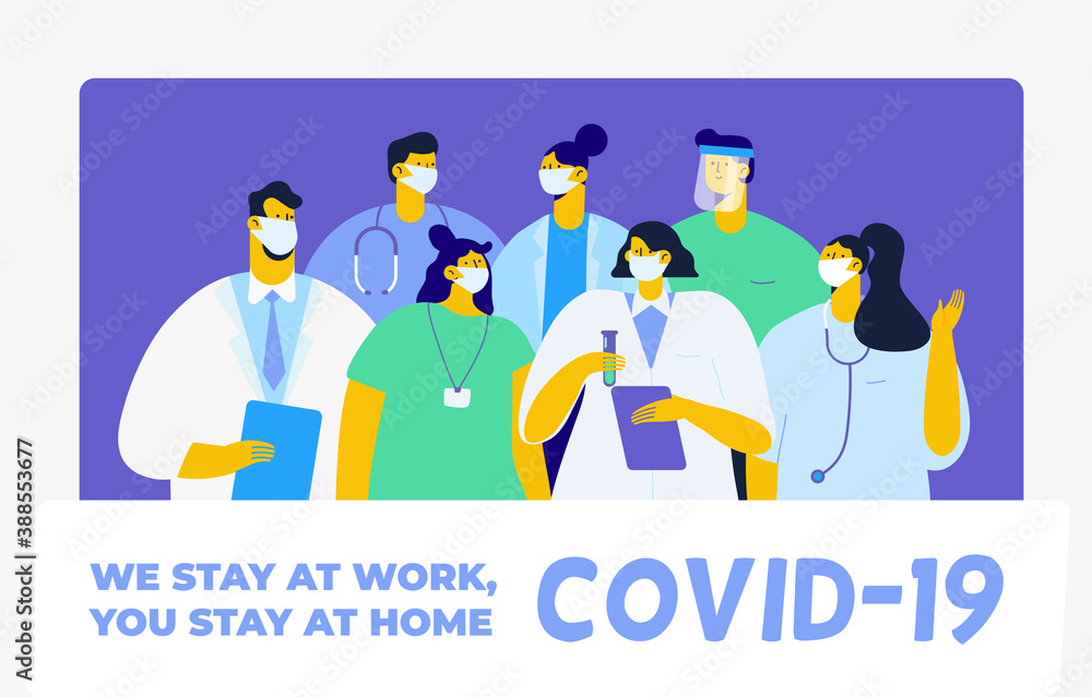 Banner with medical team in white face masks. COVID-19. Stay at home. Flat design characters. Banner with medical team in white face masks. COVID-19. Stay at home. Flat design characters.