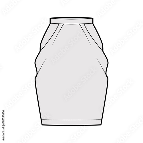 Skirt peg-top technical fashion illustration with straight knee silhouette, pencil fullness, thin waistband. Flat bottom template front, grey color style. Women, men, unisex CAD mockup