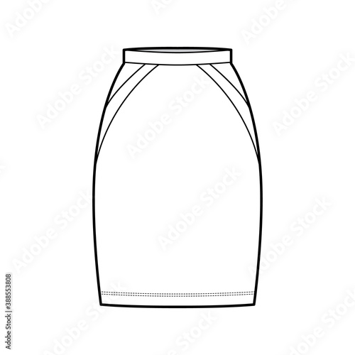 Skirt sheath technical fashion illustration with straight semi above-the-knee silhouette, pencil fullness, thin waistband. Flat bottom template front, white color style. Women, men, unisex CAD mockup