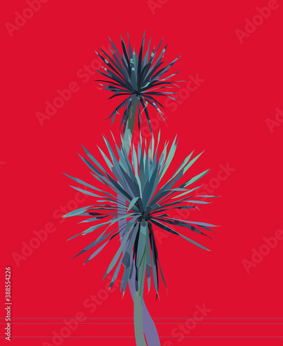 Tropical Dracaena loureiri Gagnep plant on pure red background minimal card / print template design summer vibe, flat detail drawing style photo