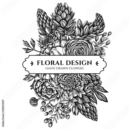 Floral bouquet design with black and white peony, carnation, ranunculus, wax flower, ornithogalum, hyacinth
