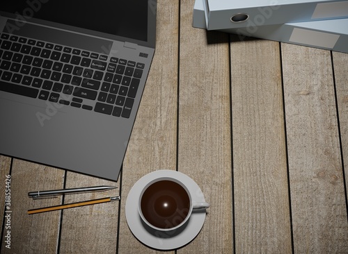 Notebook and cup coffee on wood table 3D rendering work place wallpaper background