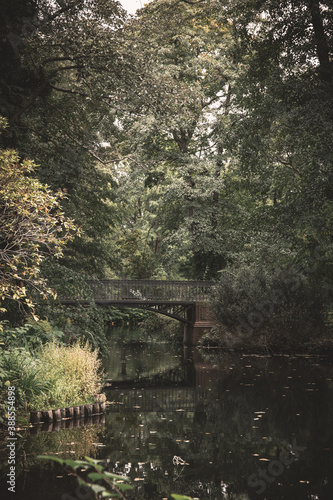 Brücke in Stadtpark im herbstlichen Motiv und Fluss