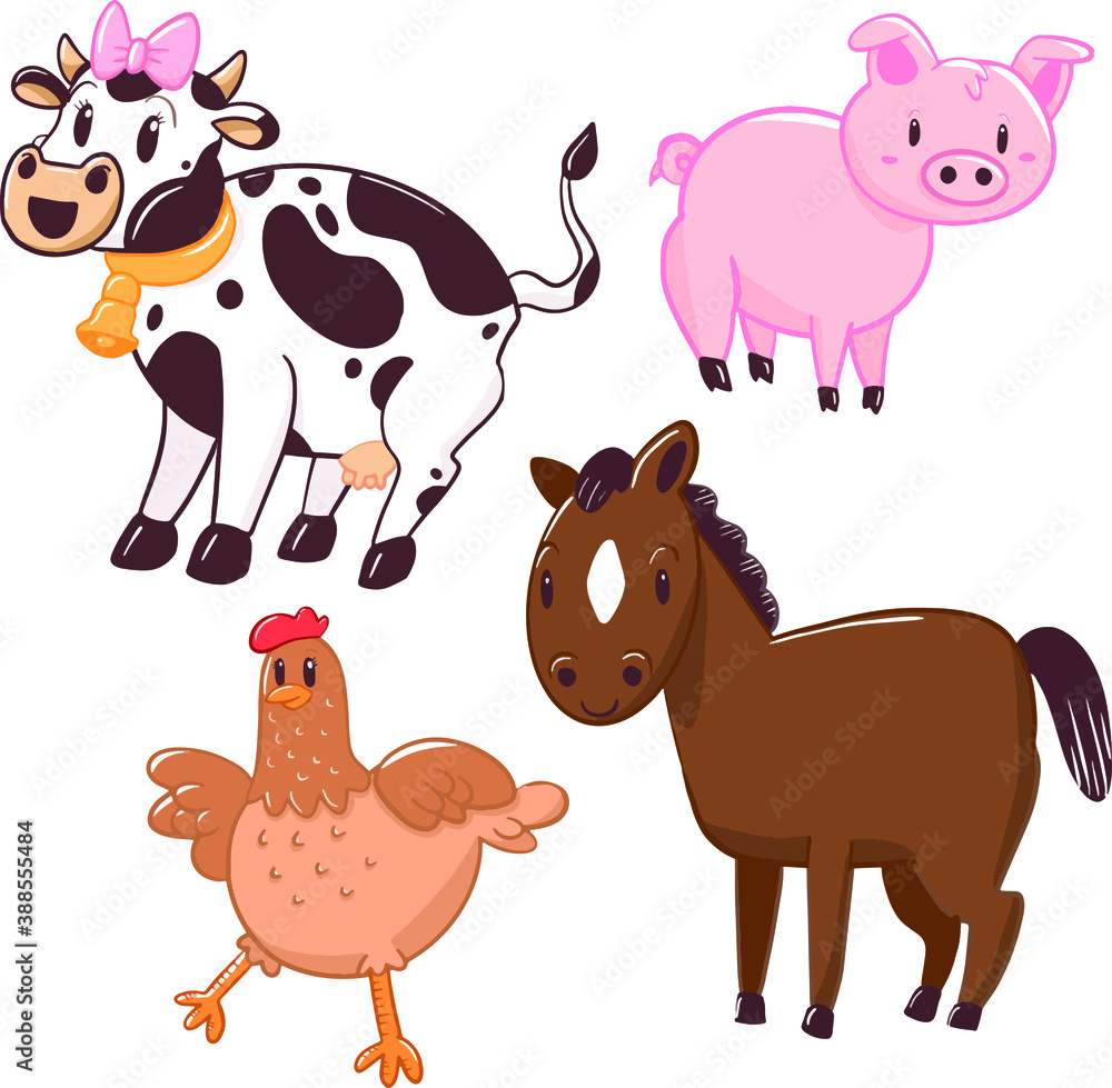 Fototapeta premium Cartoon Farm Animals Pack Vector