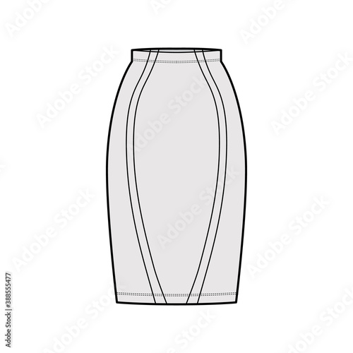 Skirt sheath technical fashion illustration with straight semi fitted knee silhouette, pencil fullness, thin waistband. Flat bottom template front, grey color style. Women, men, unisex CAD mockup