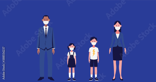 Pack of characters wearing face mask protection against coronavirus Covid19 vector set. 