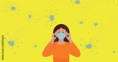 Woman wearing face mask protection against Coronavirus Covid19 against yellow background with virus cells vector icon pack 