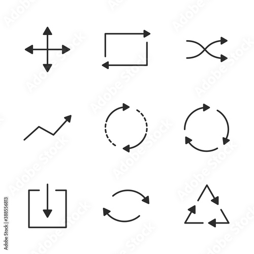 Arrows line icons set. Thin arrows icons isolated on white background. Circle, Square, Triangle shapes. Linear arrows icons. Vector illustration