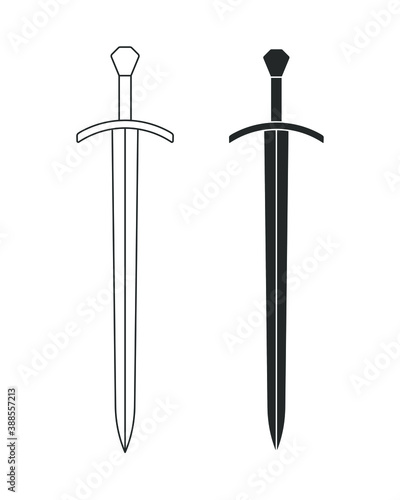 Sword vector illustration icon. Military or heraldry symbol. Protection and security sign. Medieval or knight weapon. Fantasy longsword fencing logo. Clip-art silhouette.