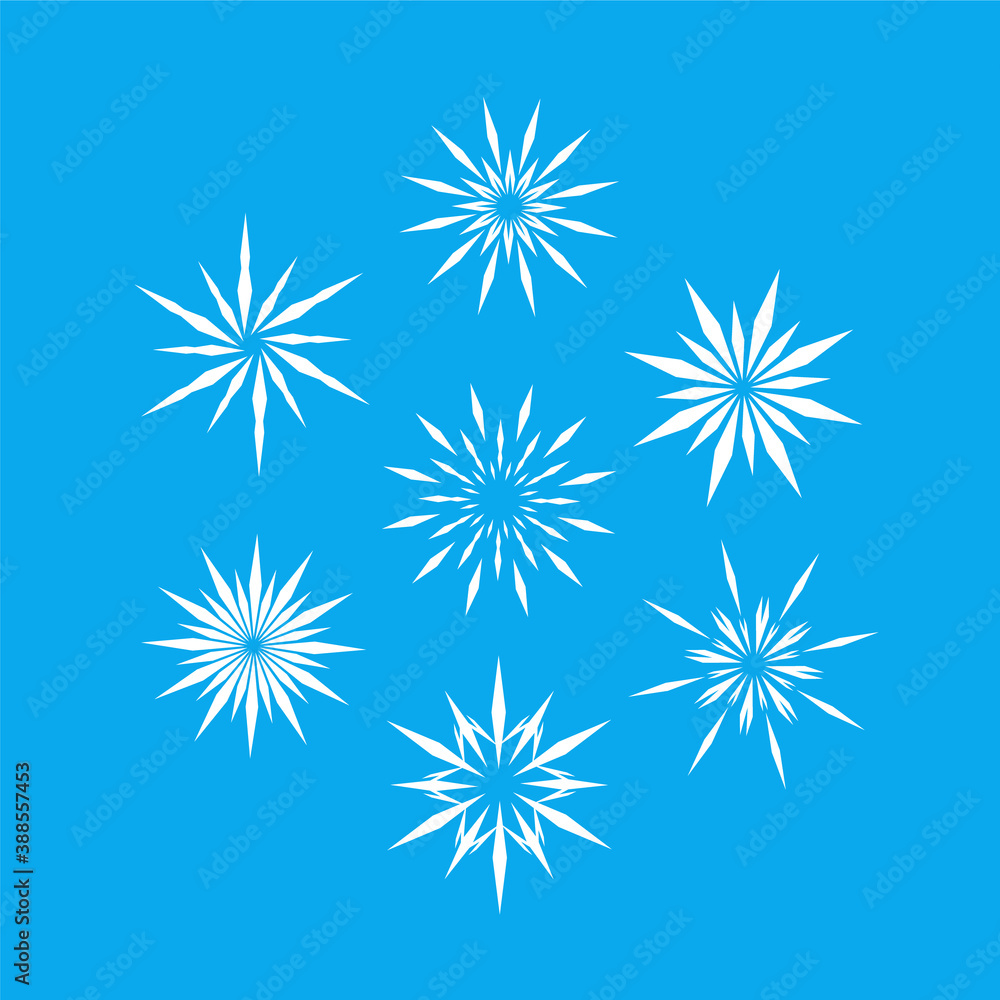 Set of snowflakes for Christmas and New Year festive decor. Winter shapes of precipitation. Fragile crystals and blue background are isolated on different layers. Vector illustration Set of snowflakes for Christmas and New Year festive decor. Winter shapes of precipitation. Fragile crystals and blue background are isolated on different layers. Vector illustration