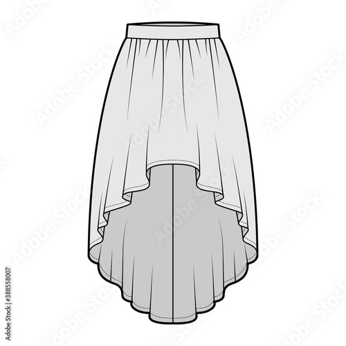 Skirt high low technical fashion illustration with knee-ancle silhouette, semi-circular fullness, thick waistband. Flat bottom template front, grey color style. Women, men, unisex CAD mockup
