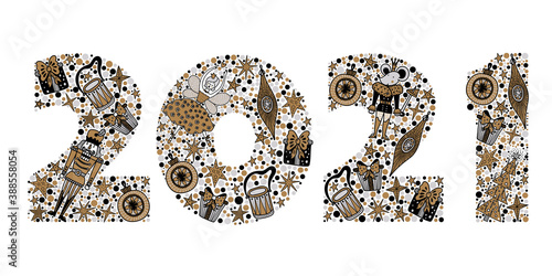 2021 Happy New Year greeting card design. Vector winter holiday illustration with  2021 numbers Christmas illustration with motifs from the Nutcracker ballet. Silver and gold colors.
