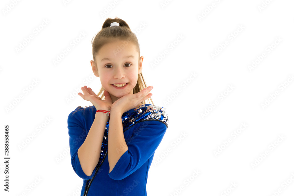 The little girl folded her hands around her face. The little girl folded her hands around her face.