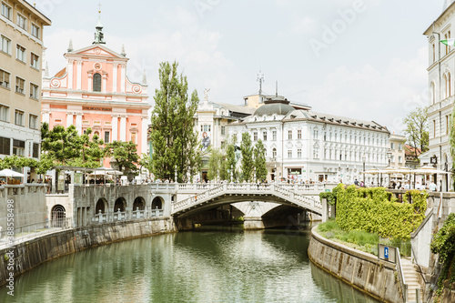 Downtown Ljubliana, Slovenia bridge over water