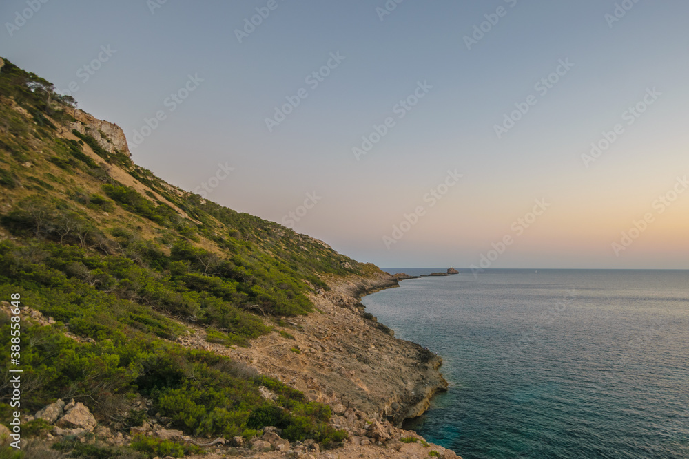 Beautiful coastal landscape on a cliff by the sea in El Toro, Mallorca, Spain