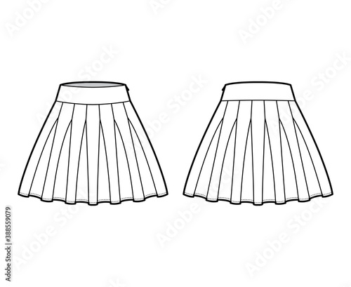 Skirt rah-rah Cheer technical fashion illustration with above-the-knee lengths silhouette, thick waistband. Flat bottom template front, back, white color style. Women, men, unisex CAD mockup