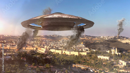 Obraz na plátně 3d rendering, Ufo flying saucer over destroyed Jerusalem Old City- Aerial