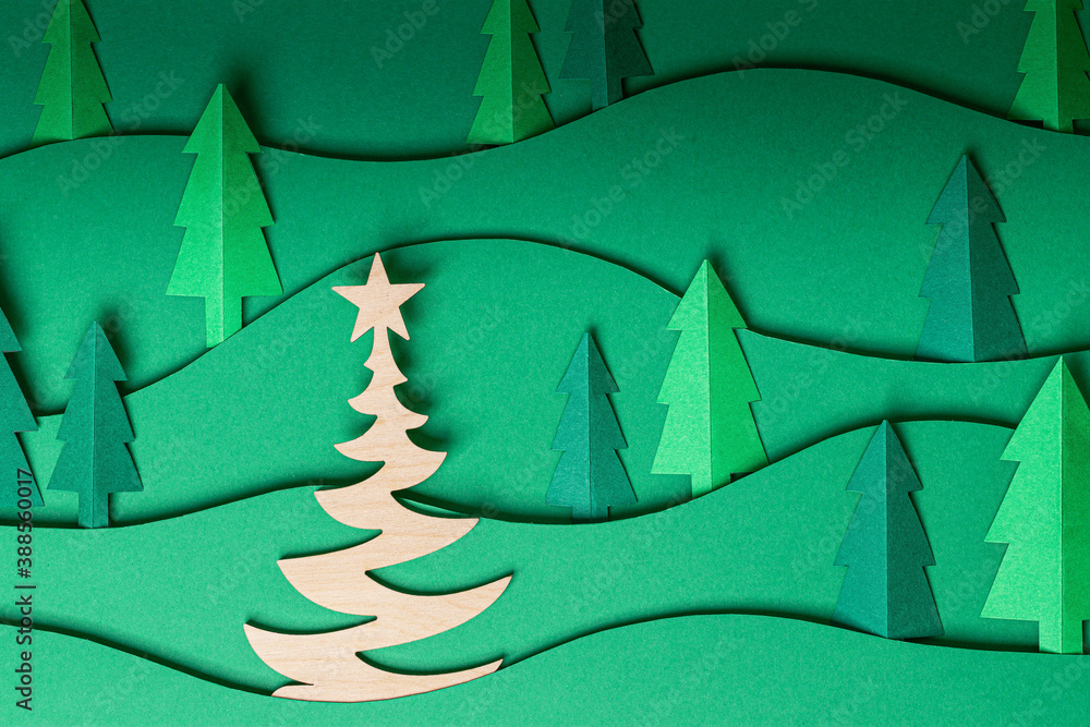 3D pop out Christmas trees paper artwork in green background. Christmas  tree paper cutting design card. Top view. Flat lay Stock Photo | Adobe Stock