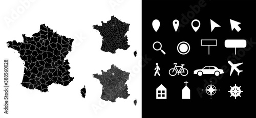 Map of France administrative regions departments, icons. Map location pin, arrow, man, bicycle, car, airplane.