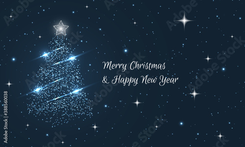 Merry Christmas and Happy New Year greeting card. Abstract vector winter background with glitters and stars.