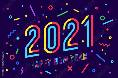 2020, Happy New Year. Greeting card with inscription Happy New Year 2020. Memphis geometric bright style for Happy New Year 2020 or Merry Christmas. Holiday background, poster. Vector Illustration