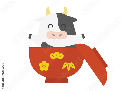 お椀に入った牛のキャラクターのイラスト