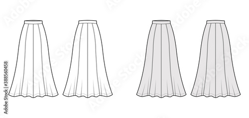 Skirt maxi eight gore technical fashion illustration with ancle lengths silhouette, semi-circular fullness. Flat bottom template front, back, white grey color style. Women, men, unisex CAD mockup