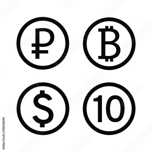 Set of vector icons, ruble, bitcoin, dollar, ten. Black outline isolated on white background, eps 10.