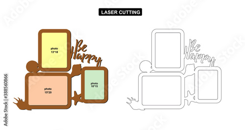 photo frames collage with seashells and text Be happy. laser cutting template. Set of photo frames 13*18, 10*15, 15*20. Hand made vector illustration. Template design for wood or metal.