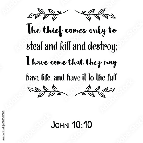 The thief comes only to steal and kill and destroy; I have come that they may have life. Bible verse quote