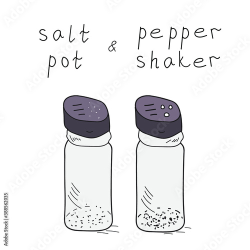 Salt pot and pepper shaker cartoon set. Hand drawn modern classic glass tableware vector sketch doodle illustration