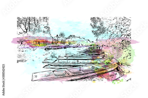 Building view with landmark of Cambridge is a city on the River Cam in eastern England. Watercolor splash with hand drawn sketch illustration in vector.