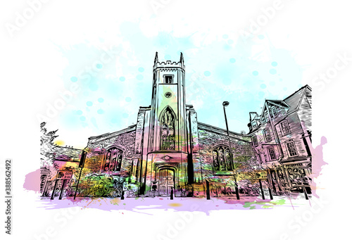 Building view with landmark of Cambridge is a city on the River Cam in eastern England. Watercolor splash with hand drawn sketch illustration in vector.