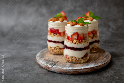 Strawberry Dessert Jar   yogurt fruit parfait topped with almonds