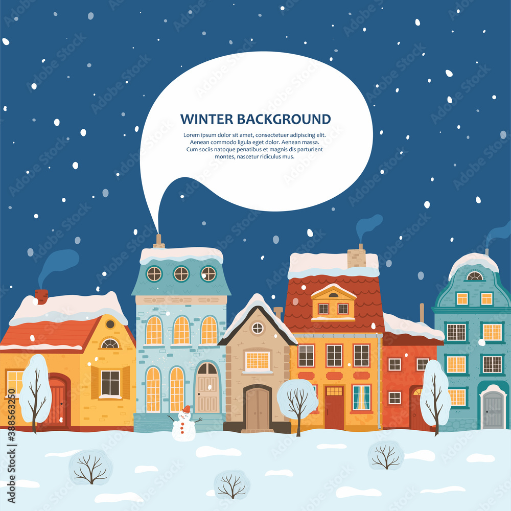 Winter night city in retro style. Christmas background with houses. Cozy town in a flat style for greeting cards. Cartoon vector illustration.