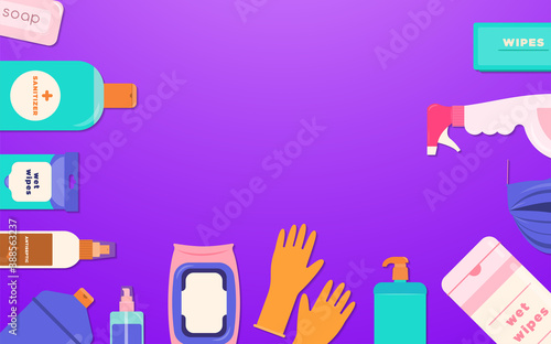 Hygiene Poster and banner template with copy space Various products for treatment and disinfection of surfaces and hands from viruses and bacteria on bright lilac backdrop