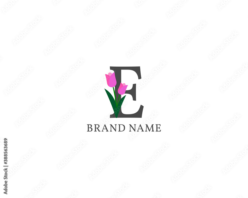 letter E tulip alphabet vintage logo