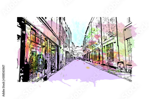 Building view with landmark of Cambridge is a city on the River Cam in eastern England. Watercolor splash with hand drawn sketch illustration in vector.