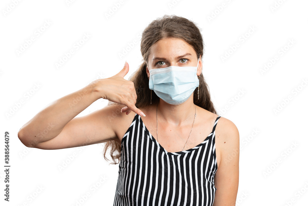Female making phone call gesture hand near ear wearing mask Female making phone call gesture hand near ear wearing mask