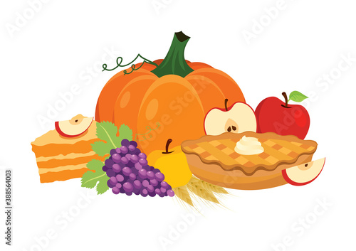 Traditional thanksgiving food with apple pie and pumpkin icon vector. Thanksgiving autumn harvest decoration icon isolated on a white background. Autumn food still life icon. Harvest festival clip art