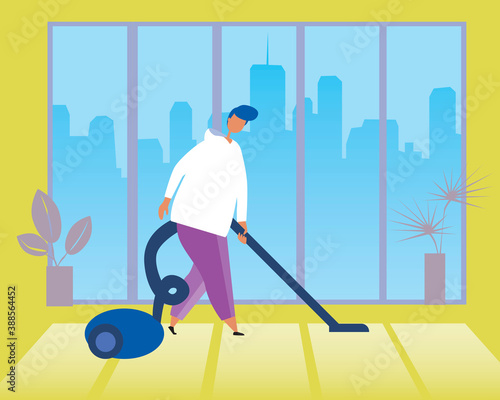 Vacuuming a man as a concept of cleaning the house, vacuum cleaner, cleanliness, flat vector stock illustration with a man in the interior of the house