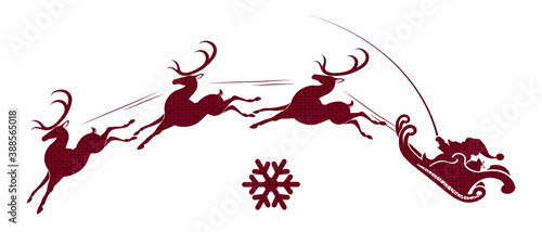 Element of Christmas composition. Texture silhouette of Santa Claus in a sleigh rushes on a red reindeer