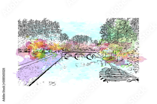Building view with landmark of Cambridge is a city on the River Cam in eastern England. Watercolor splash with hand drawn sketch illustration in vector.