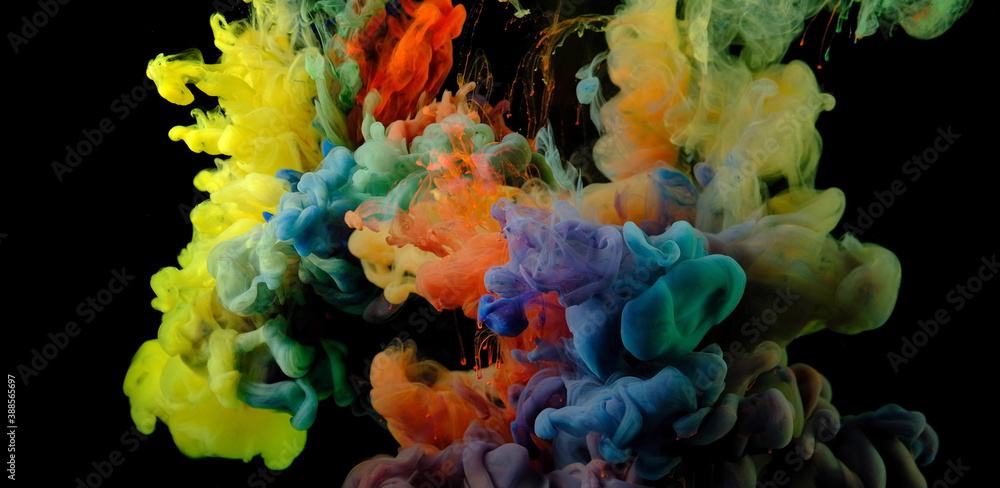 Obraz premium Color drops in water , abstract color mix , drop of Ink color mix paint falling on background, 