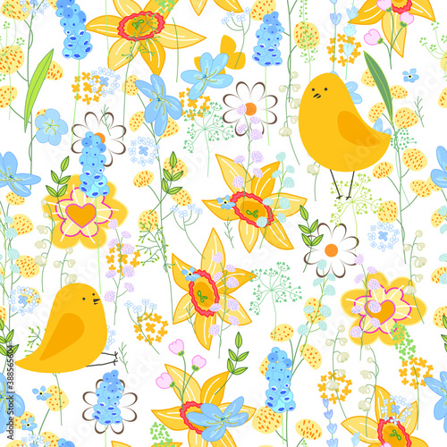 Seamless spring pattern with stylized cute birds.  Endless texture for your design, greeting cards, announcements, posters.