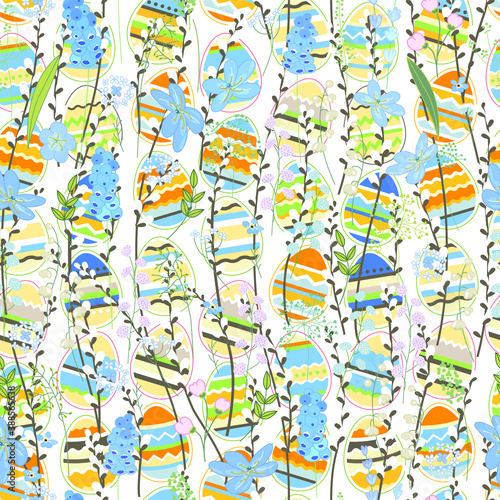 Seamless spring pattern with stylized cute eggs.  Endless texture for your design, greeting cards, announcements, posters.