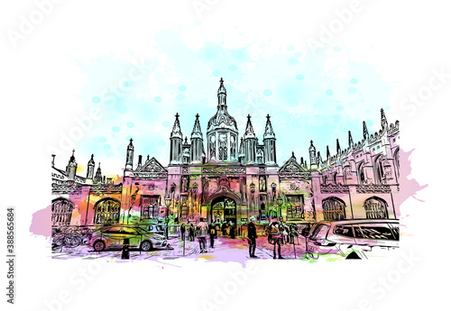 Building view with landmark of Cambridge is a city on the River Cam in eastern England. Watercolor splash with hand drawn sketch illustration in vector.
