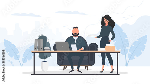 The girl brings the documents to the boss. Businessman working on laptop. Director's workplace. Laptop, documents, books, loft-style table. Vector.